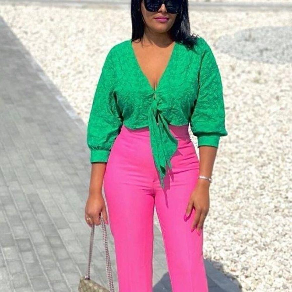 Zara Knotted Embroidery Green Top Small